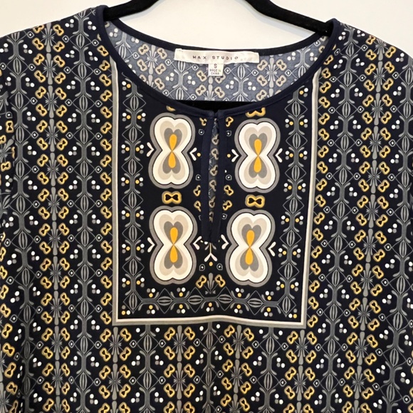 Max Studio Printed Midi Shift Dress Navy Bohemian Paisley 3/4 Length Sleeve - Picture 3 of 11